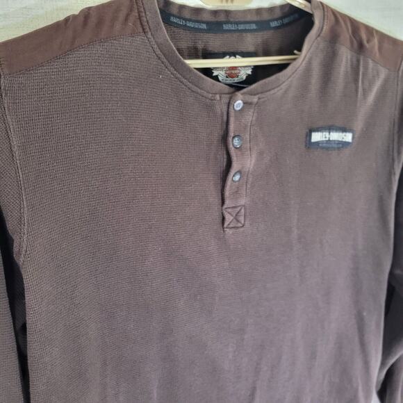 Harley Davidson Thermal Henley Shirt Mens XL Brown Elbow Patch Motorcycle Waffle - Picture 2 of 10